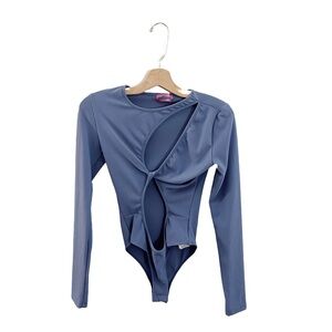 Edikted Cut Out Key Hole Blue Long Sleeve Bodysuit